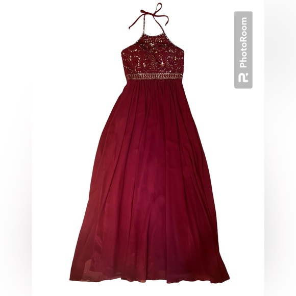 Bee Darlin Formal Burgundy Beaded Halter Prom Dress - Picture 4 of 8
